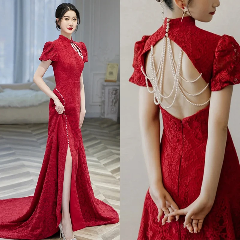 

Cheongsam Toast Clothes Pearl Backless Qiapo Trailing Lantern Sleeve Chinese Stand Collar Retro Embroidery Dress Women Vestidos