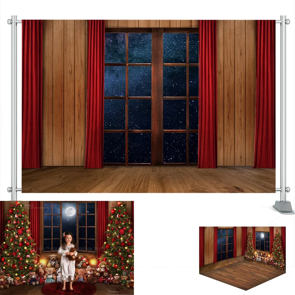 Toile de fond de photographie de Noël pour enfants, portrait d'enfant, ours, bannière de festival, grande lune, plancher en bois, studio photo de bébé