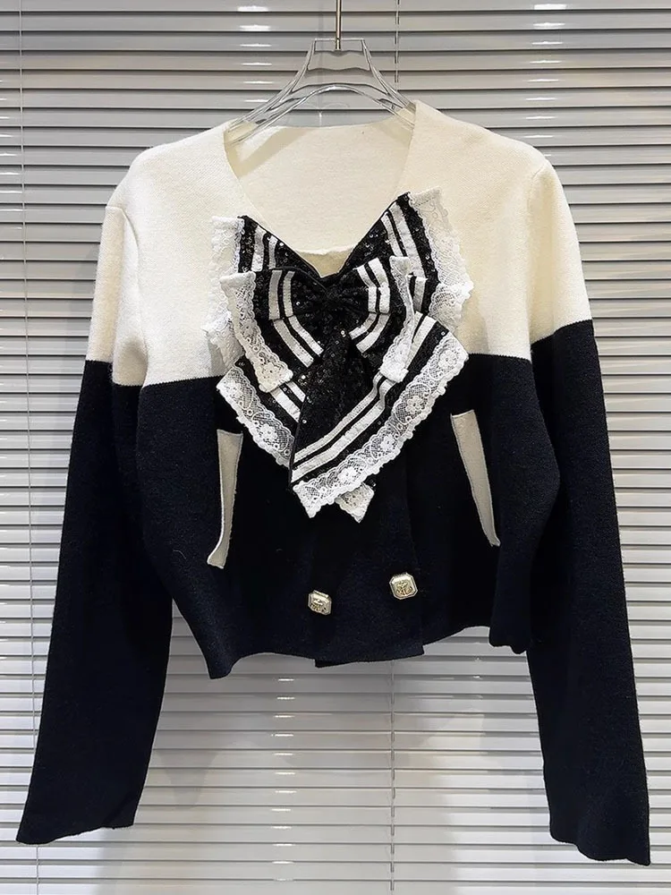 DEAT new fashion women's contrast color spliced lace edge bows pin knit sweater 2024 autumn long sleeve pullovers female 33A2005