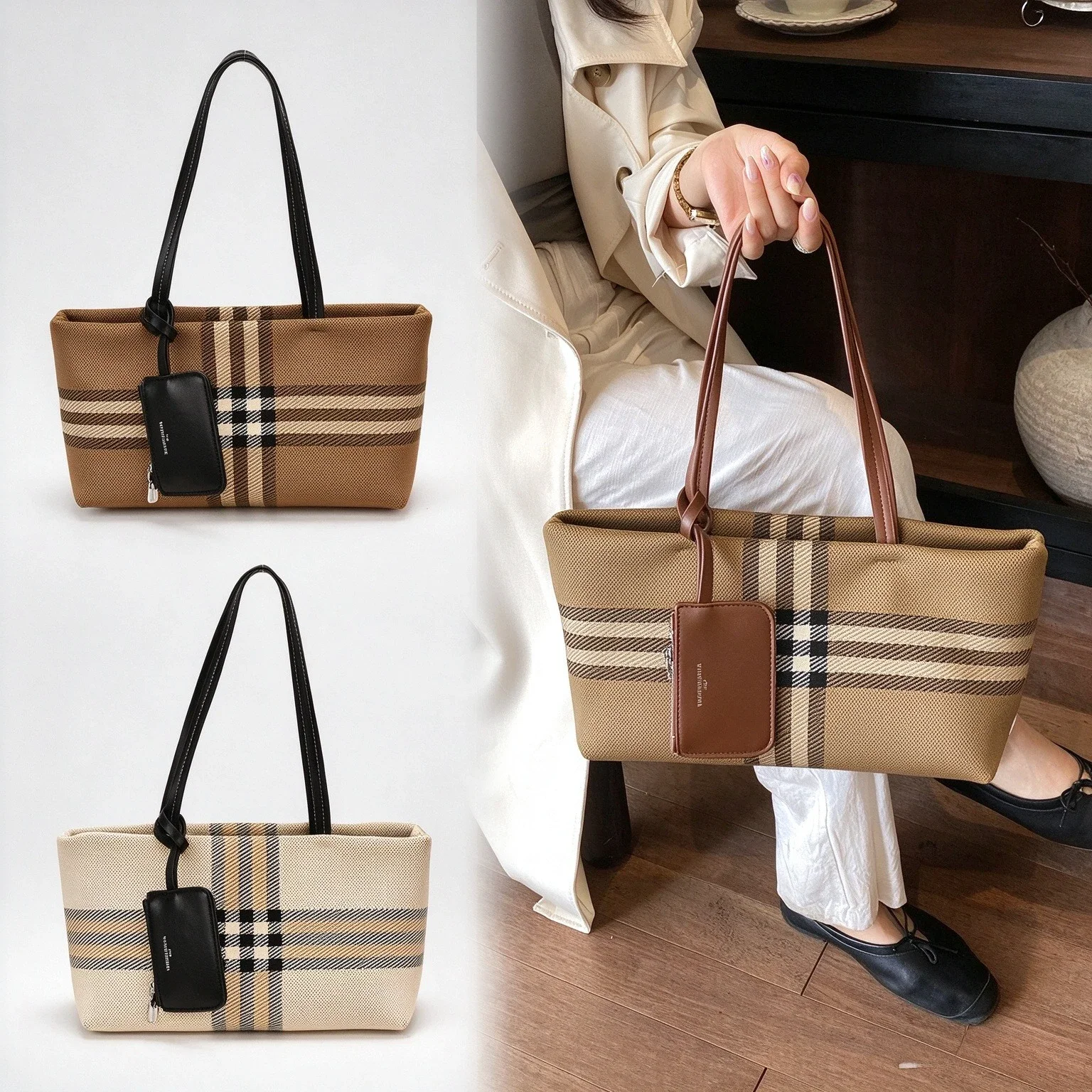 Women Elegant Vintage Plaid Canvas Tote Bag, Large Capacity Shoulder Handbag with Small Card Pouch for Work & Shopping