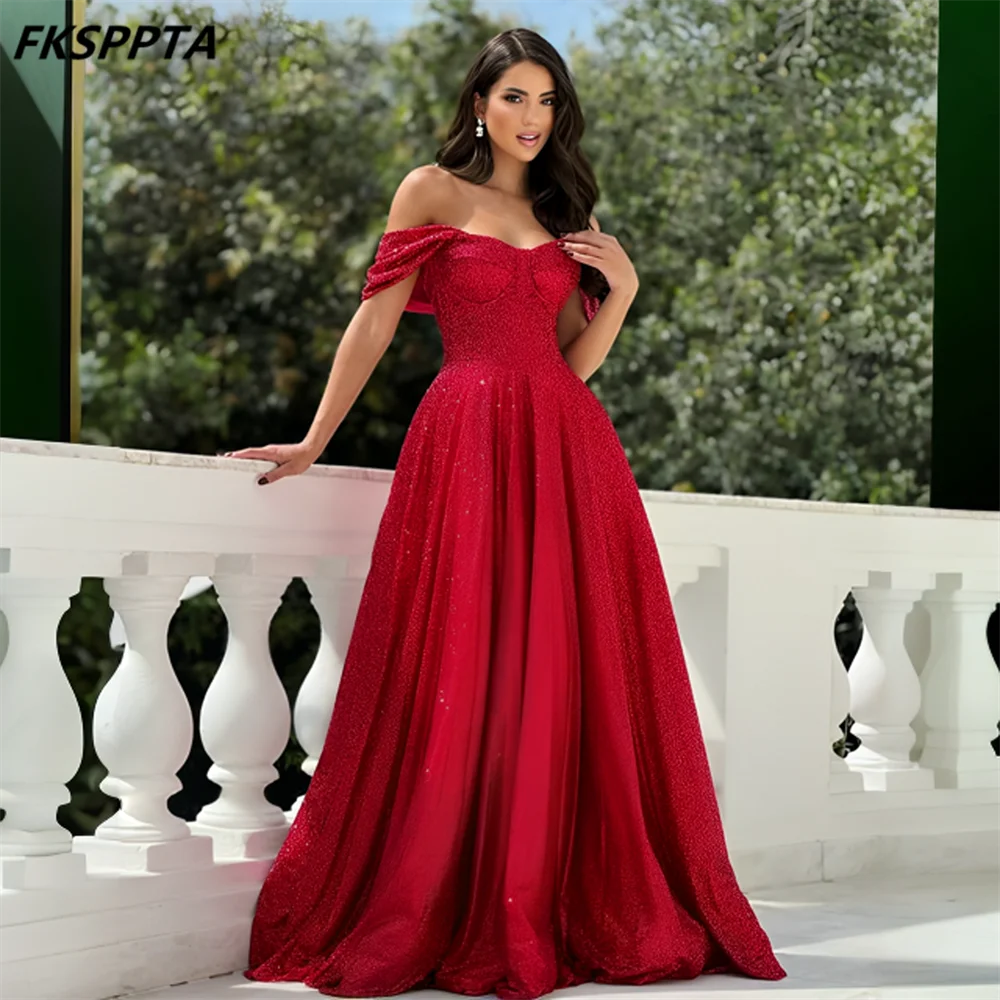 Błyszcząca bordowa długa 2025 formalna suknia wieczorowa Off The Shoulder linia długość podłogi dostosowane damskie suknie na przyjęcia weselne