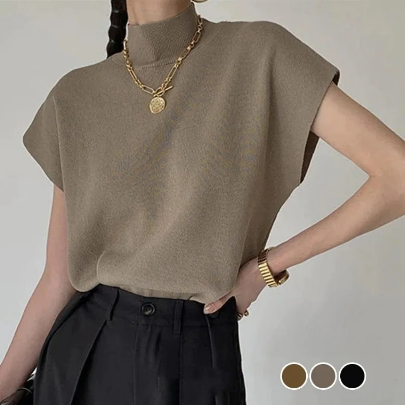 

Fashion Knitted Short Sleeve Women Blouse Office Lady Elegant Solid Shirt Summer Stand-up Collar Loose Top
