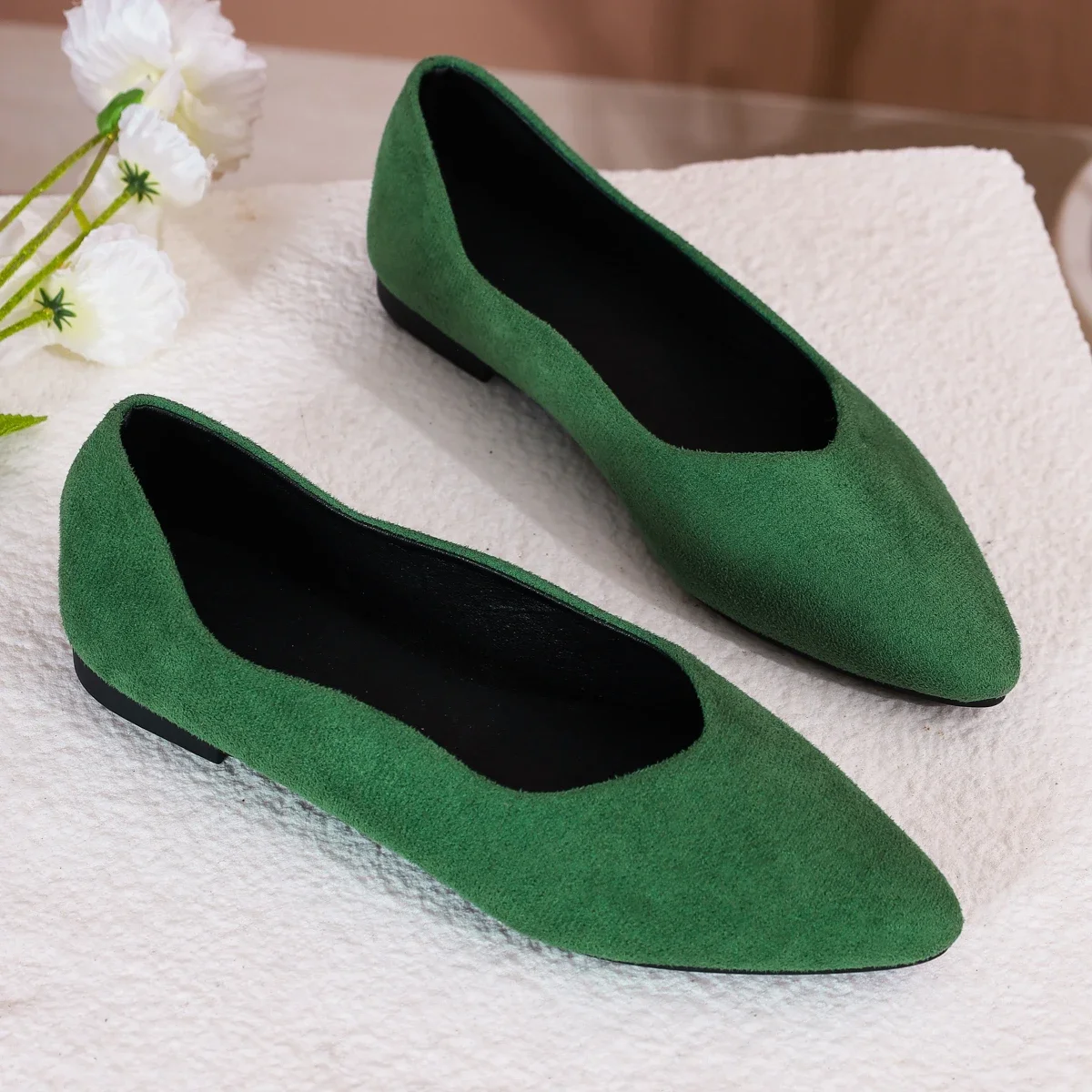 Frühling Herbst Grüne Wildleder Damen-Flachschuhe Modische Spitze Bequeme Rutschfeste Büro-Damenschuhe – Detail 6