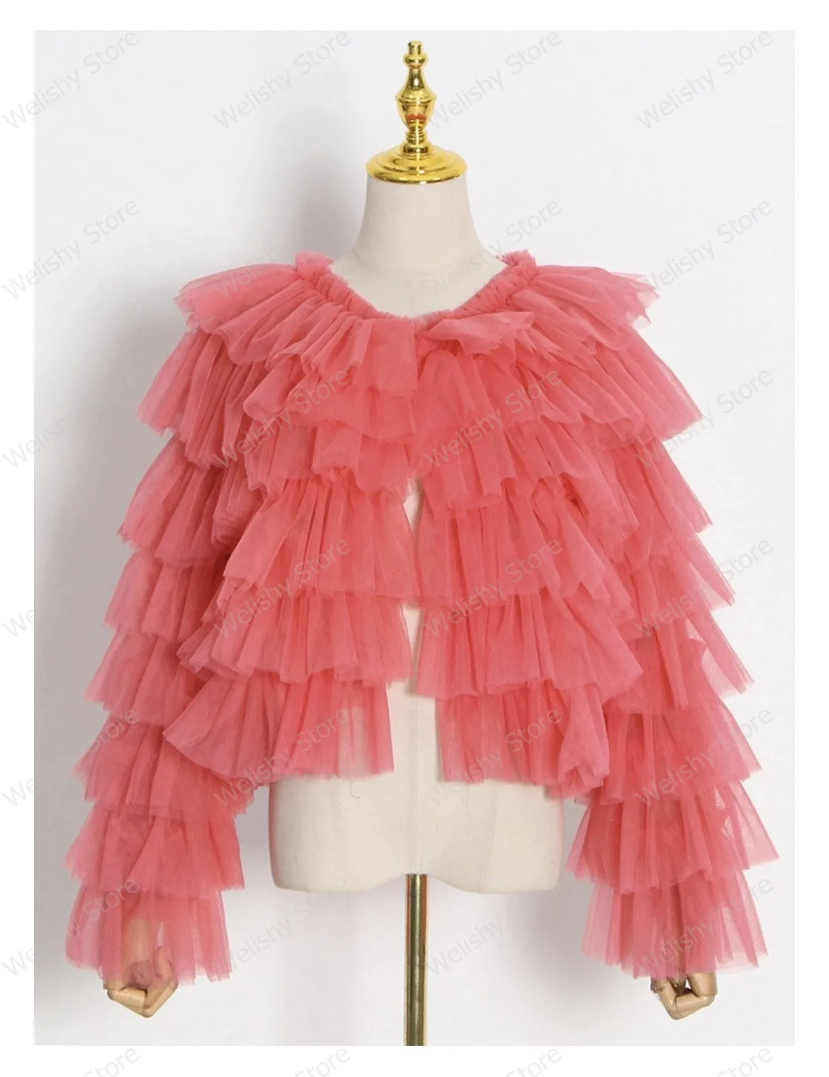 Imagem -02 - Jaqueta de Tule com Babados Feminina Imagem Real Camadas Extra Inchada Blusa Tutu Manga Longa Babados Malha Exuberante Praia Tops de Verão