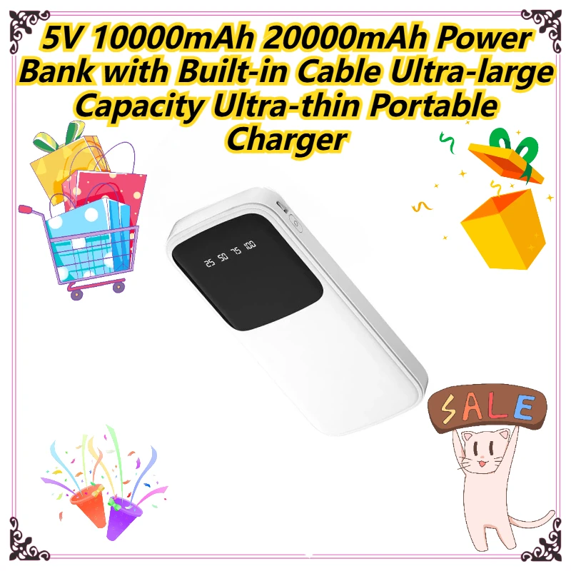

5V 10000mAh 20000mAh Power Bank with Built-in Cable Ultra-large Capacity Ultra-thin Portable Charger