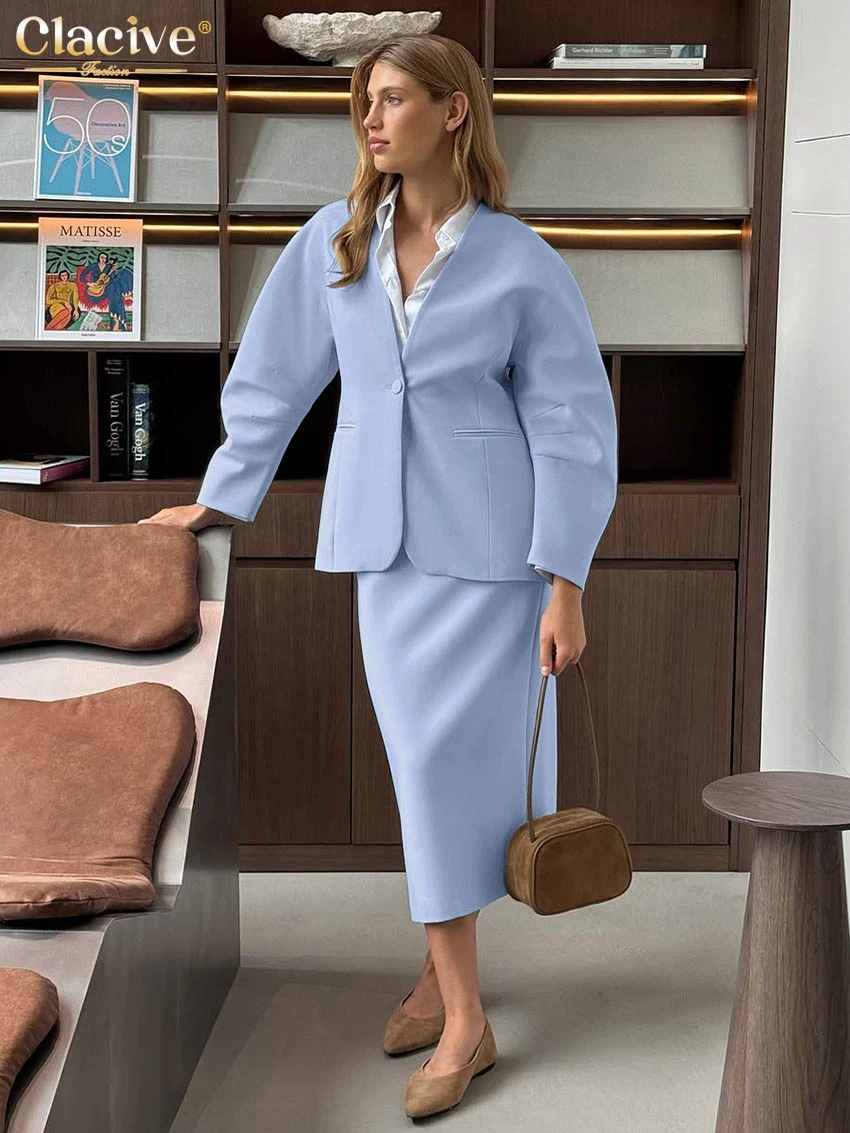 Clacive Fashion Allentato Blu Ufficio Abiti a due pezzi Donna 2025 Elegante giacca a maniche lunghe con gonna lunga a vita alta Set femminile