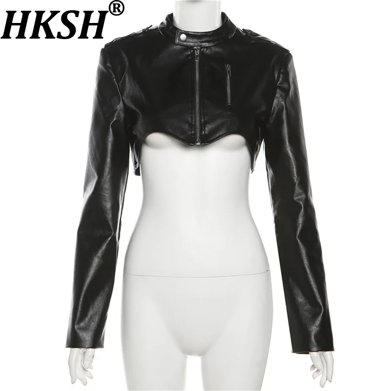HKSH Women Leather Jacket Dark Style Solid Color High Street Fashion Stand Collar Zippers Design Long Sleeves Short Coat HK28492