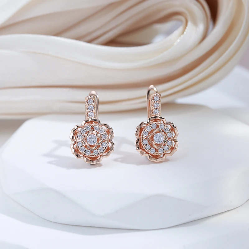 SYOUJYO Crystal Flower Dangle Earrings for Women Glossy 585 Gold Color Sparking Natural Zircon Easy Matching Fine Jewelry