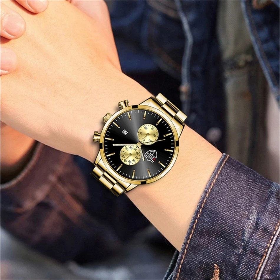 Fashion Mens Sports Watches Luxury Man Stainless Steel Quartz Wrist Watch Calendar Luminous Clock Men Leather Watch reloj hombre