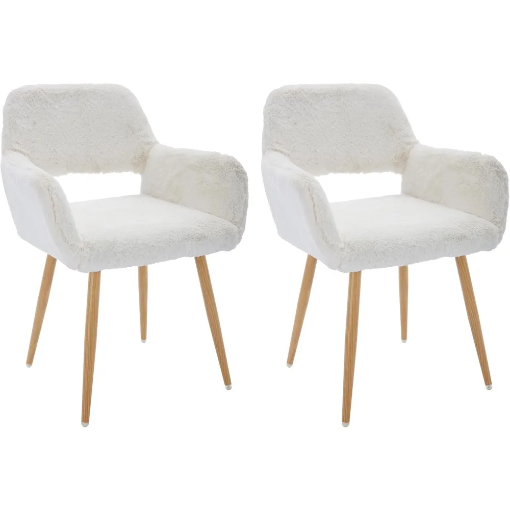 

home office faux fur dining chairs set of 2, fluffy makeup vanity chair, comfy accent armchair with wood grain metal legs, cute