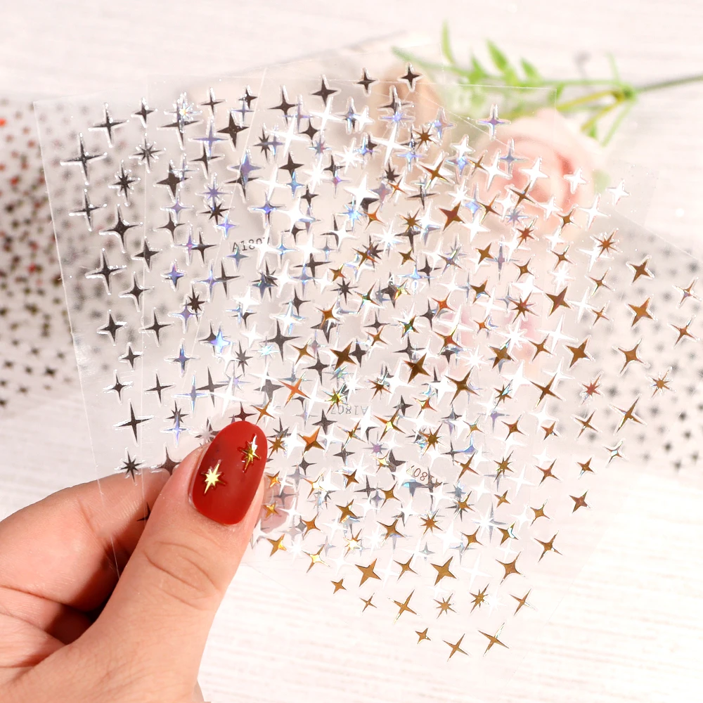 

Laser Star Sticker Set For Nail Art Decoration Gold White Silver Black Star Heart Butterfly Slider 3D Manicure Nail Decal
