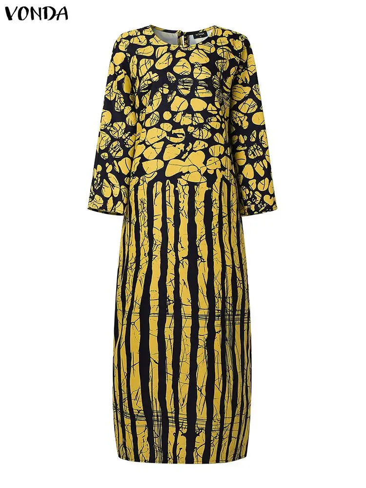 VONDA-vestido de talla grande 5XL para mujer, vestido veraniego de fiesta con estampado Vintage, bata bohemia de manga 3/4, Vestidos largos informales con cuello redondo para vacaciones 2025