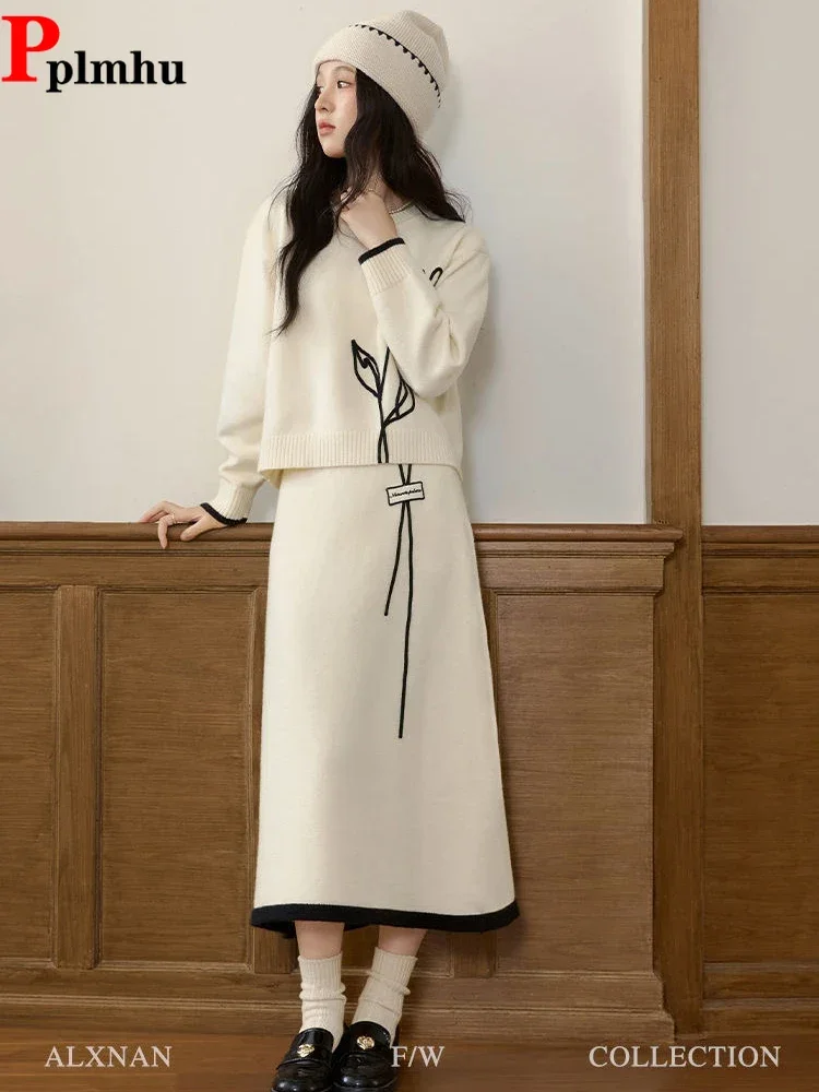 

Apricot Casual Women 2 Piece Sets Fashion Loose High Waist Skirts Conjunto Korea Elegant Strecth O-neck Sweater Tops Ensembles