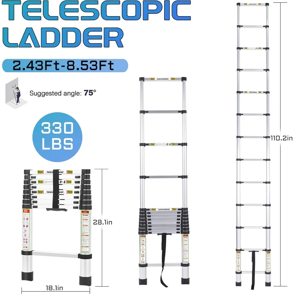 سلم تصغير من الألومنيوم عالي التحمل بطول 8.5 قدم، أقدام غير قابلة للانزلاق، سعة 330 رطل للمركبات الترفيهية والعثية والوصول إلى السقف والاستخدامات المتعددة