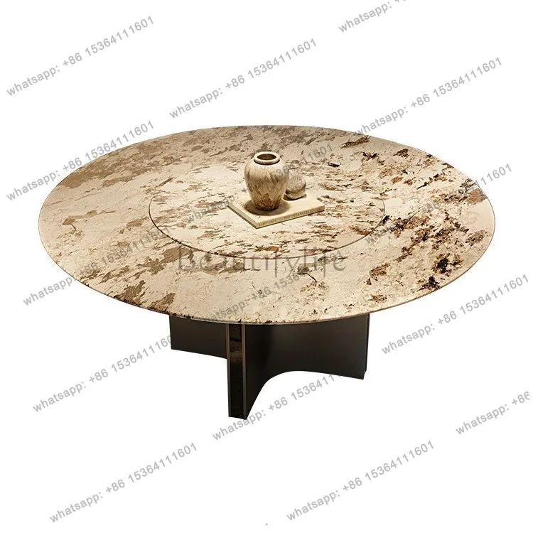 

Italian light luxury thickened marble round table embedded turntable modern home high-end round dining table