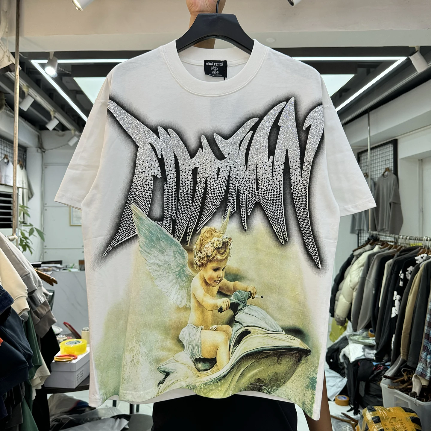 Retro American Angel Print T-Shirt Loose Fit Casual round Neck Short Sleeve Unisex Top Fashionable Wear Resistant Youthwear