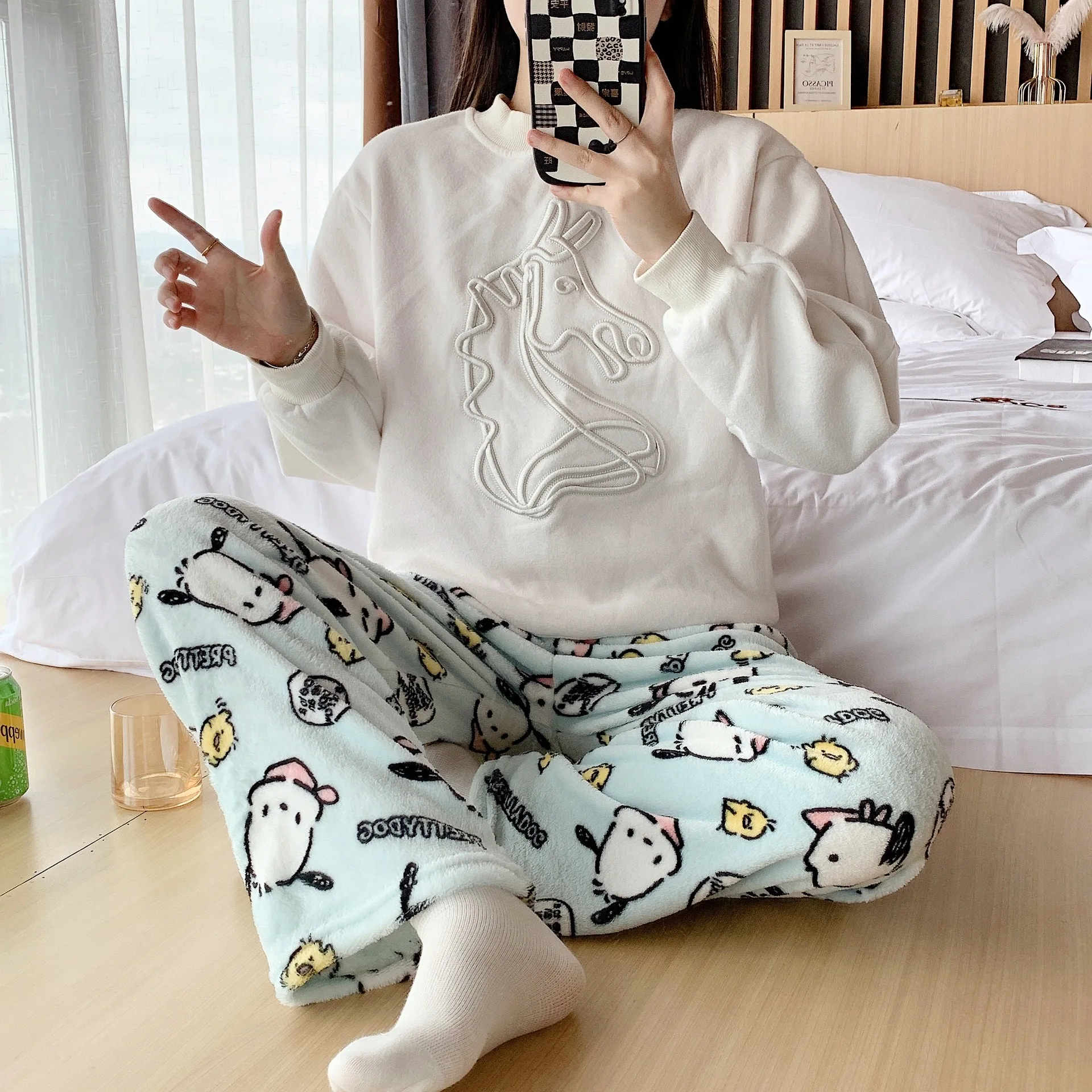 Lovely Pochacco Pajamas Pants Sanrio Y2k Kawaii Cute Warm Woolen Cartoon Casual Home Pants In Autumn Winter Fashion Trousers