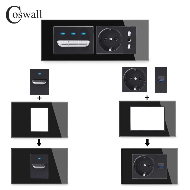 Coswall US Standard Glass Panel Toggle Wall Light Switch EU/FR/UK/Italian Standard Socket HDMI USB CAT6 Internet Module DIY