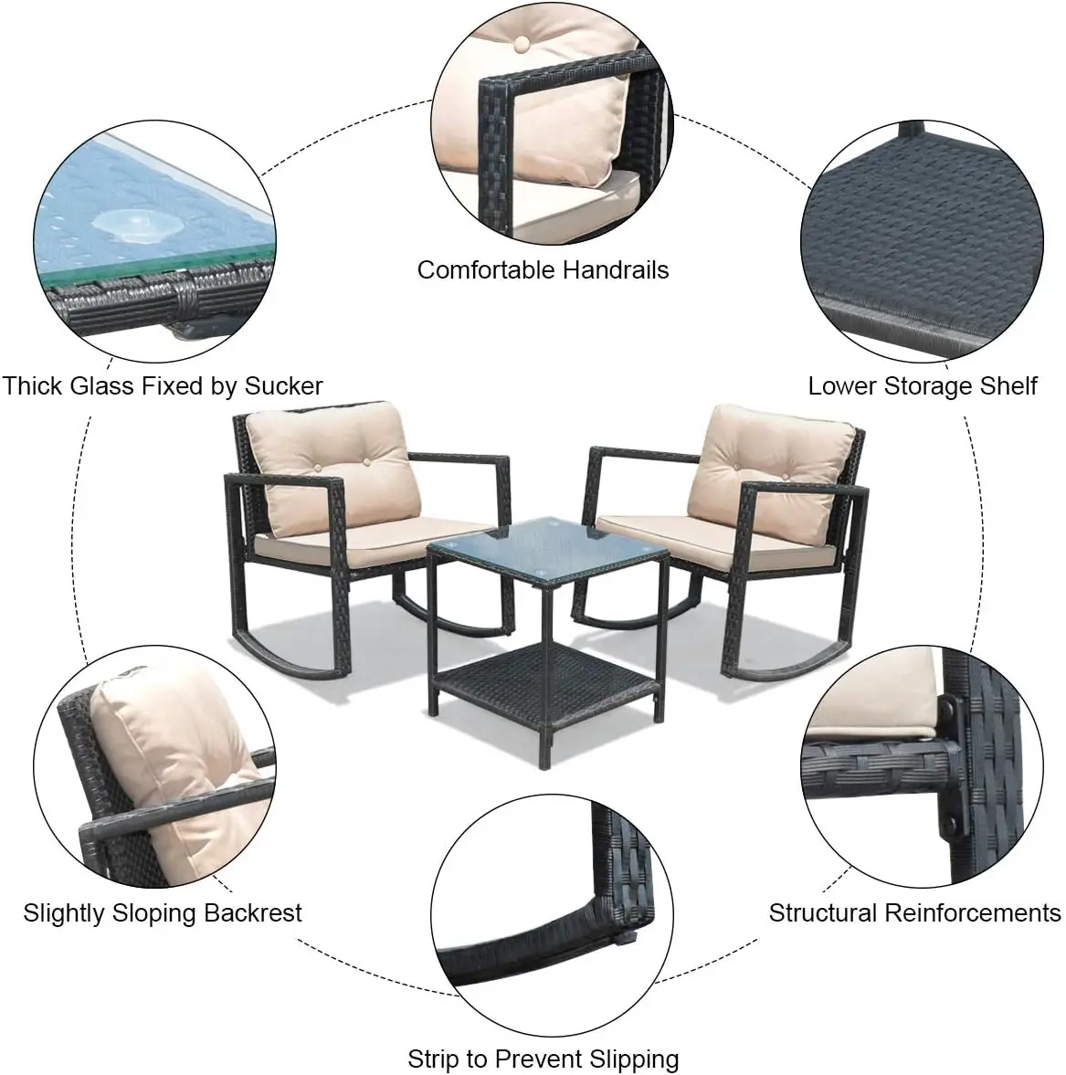 Set da dondolo in vimini da 3 pezzi con cuscini, tavolino da caffè in vetro e contenitore, beige, patio esterno, giardino, balcone a bordo piscina