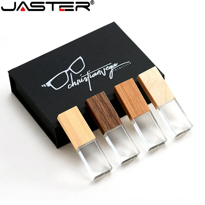 JASTER Wooden Crystal USB Flash Drives 64GB 32GB 16GB 8GB  4GB Pendrive Free Engraving Logo External Storage Memory Stick U Disk