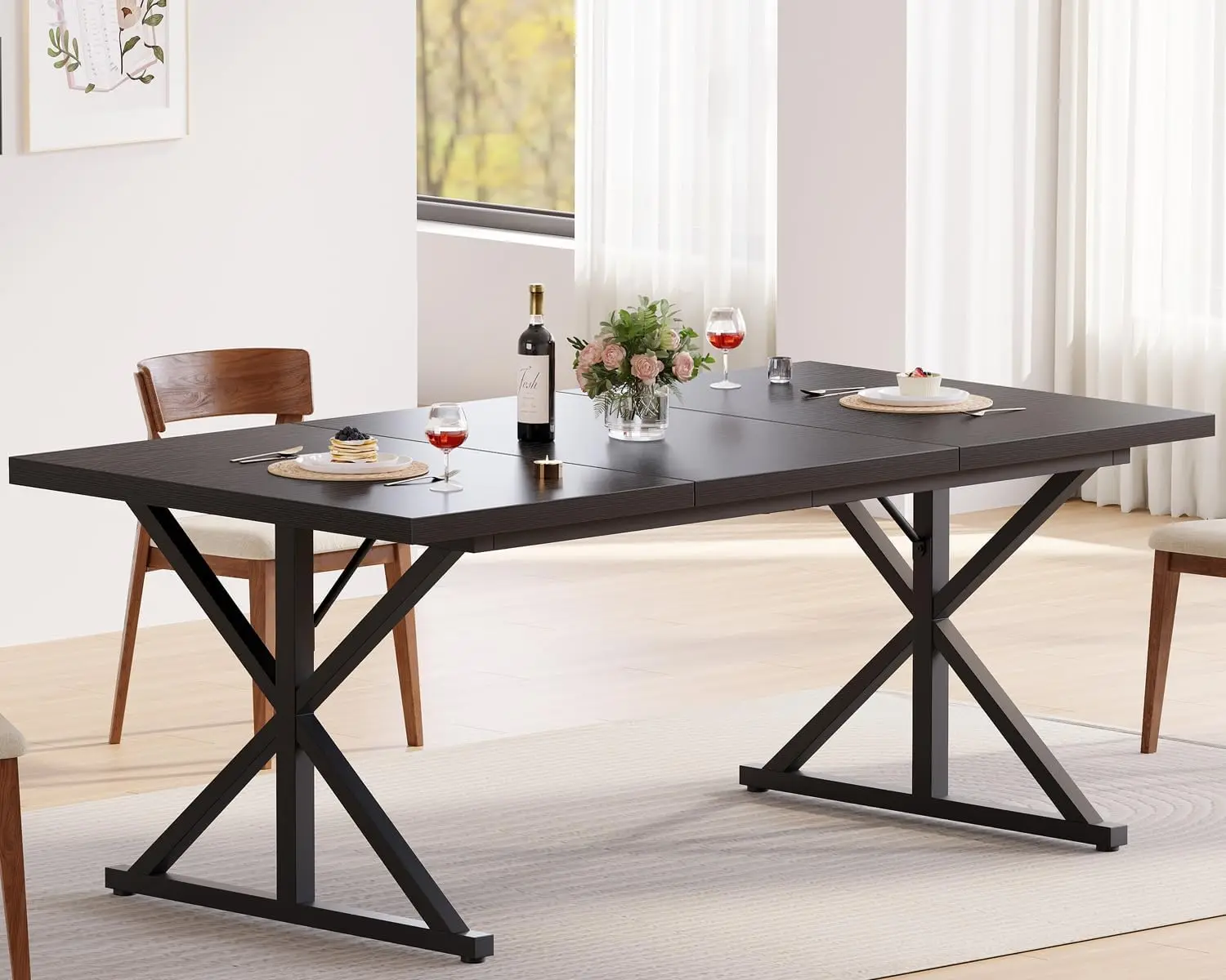 Black Dining Table for 4 to 6 People, Modern Wood Metal Kitchen Table Only, Industrial Dinner Table for Kitchen Living Room,