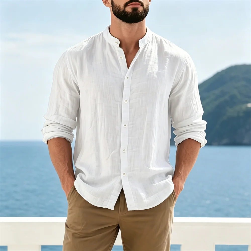 Men's Cotton Linen Shirt Lightweight Breathable Casual Solid Color Long Sleeve Henley Neck Single Breasted Male Daily Tops