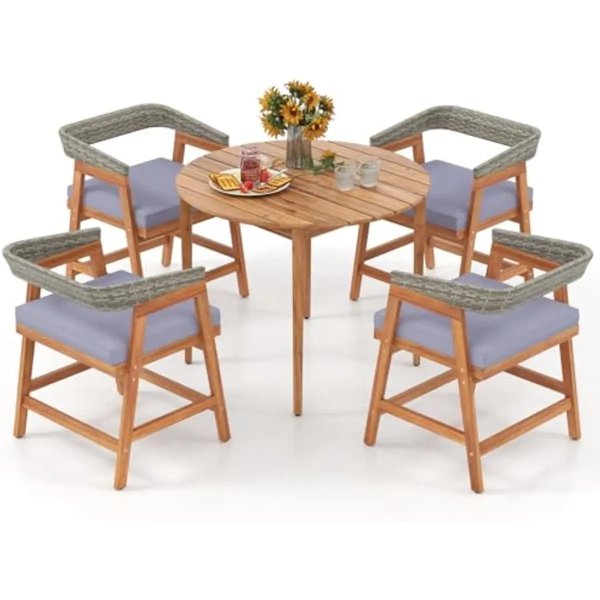 5-piece outdoor dining ensemble featuring round solid acacia table and four ergonomic chairs with PE rattan backrests gray cushi