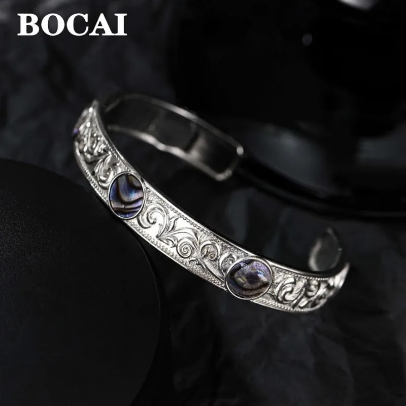 

BOCAI New Tang Grass Pattern S925 Silver Bracelet for Women Fashion Abalone and Beigaopu Jewelry Accessories