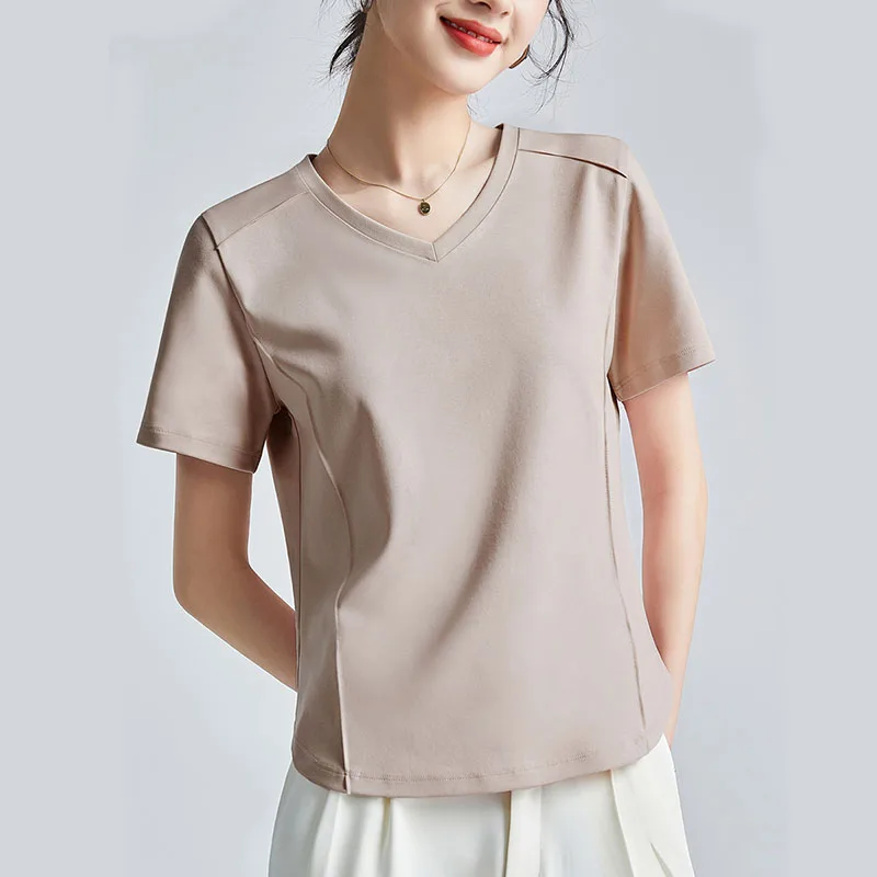 Women T-shirt Short Sleeve Straight Shoulder Slimming Curve Design Round Neck V-neck Solid Color Comfortable Daily Versatile Top
