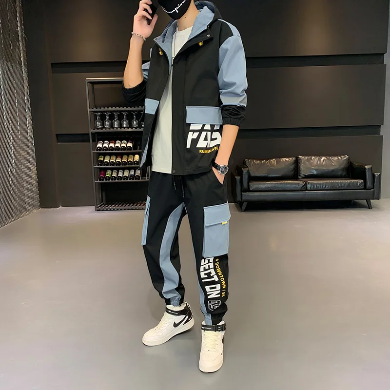 Hip-hop Suit Male Set Track Suits Sweatsuit Man Tracksuit Mens Set Pant Zipper Pockets Outwear 2PC Jacket+Pants Sets Streetwear