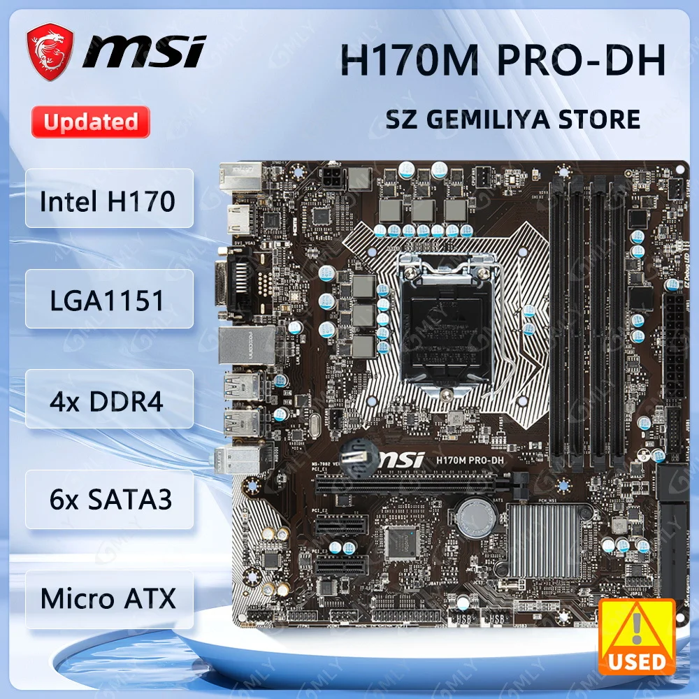 

MSI H170M PRO-DH Motherboard Intel H170 Chipset LGA1151 DDR4 64GB Micro ATX support i7-6700 i5-6500T i3-6300 i7-7700 i3-7100
