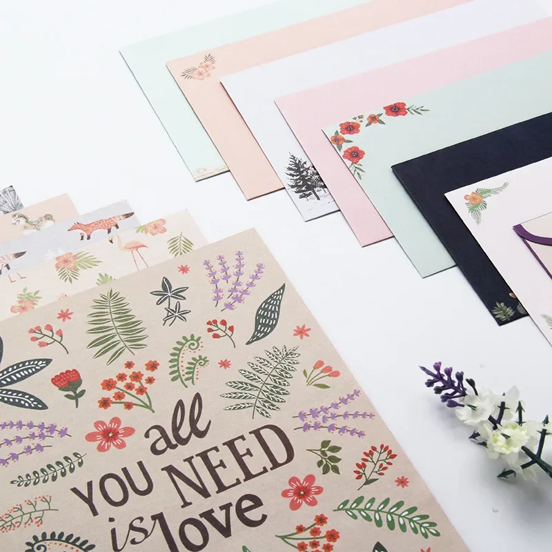 Enveloppes à fleurs Kawaii avec tampons à lettres, papier à lettres, cartes postales d'invitation de fête de mariage, couverture d'écriture de cartes