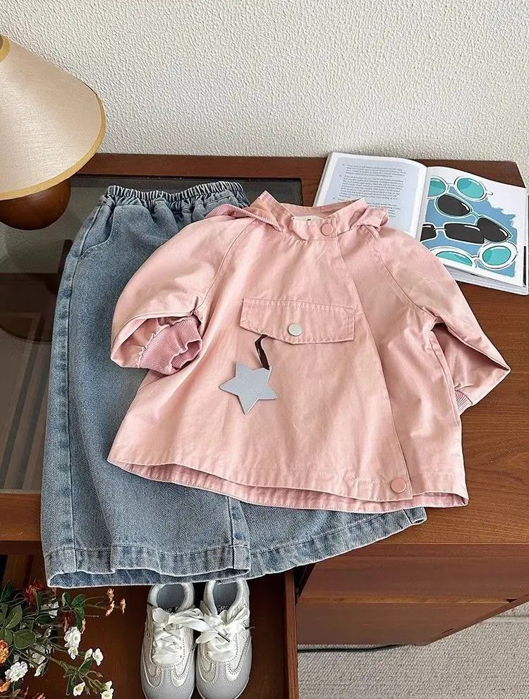 Baby Girls Hooded Windbreaker Jacket Spring Autumn Casual Style Children's Trench Coat Outerwear