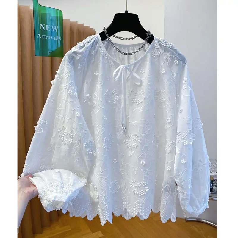 

White Printed Shirt Women's Long Sleeved 2025 New Loose Fitting Pullover Fashionable Sweet Top