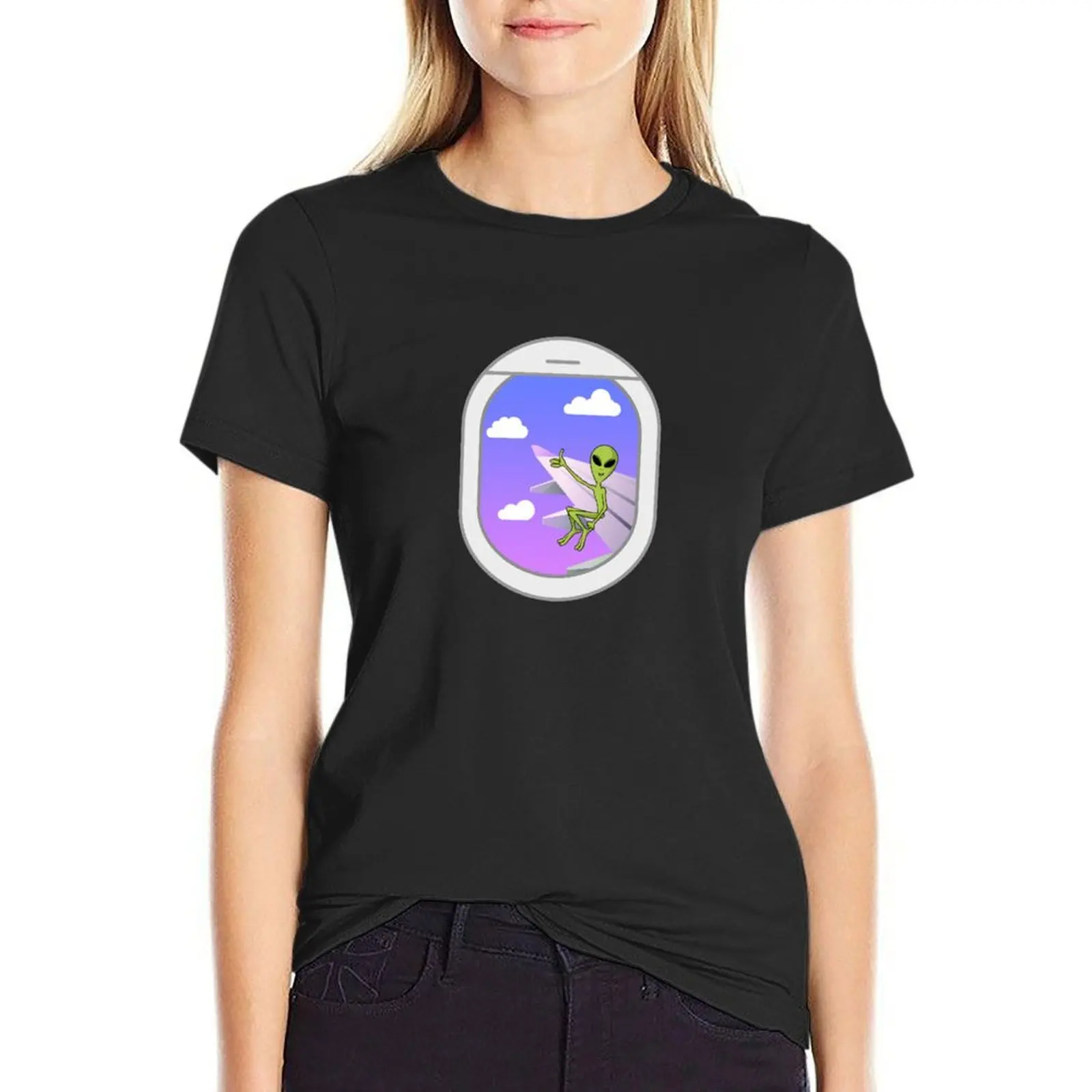 Alien sitting on airplane wing Funny UFO T-Shirt hippie clothes heavyweights oversized workout shirts for Women