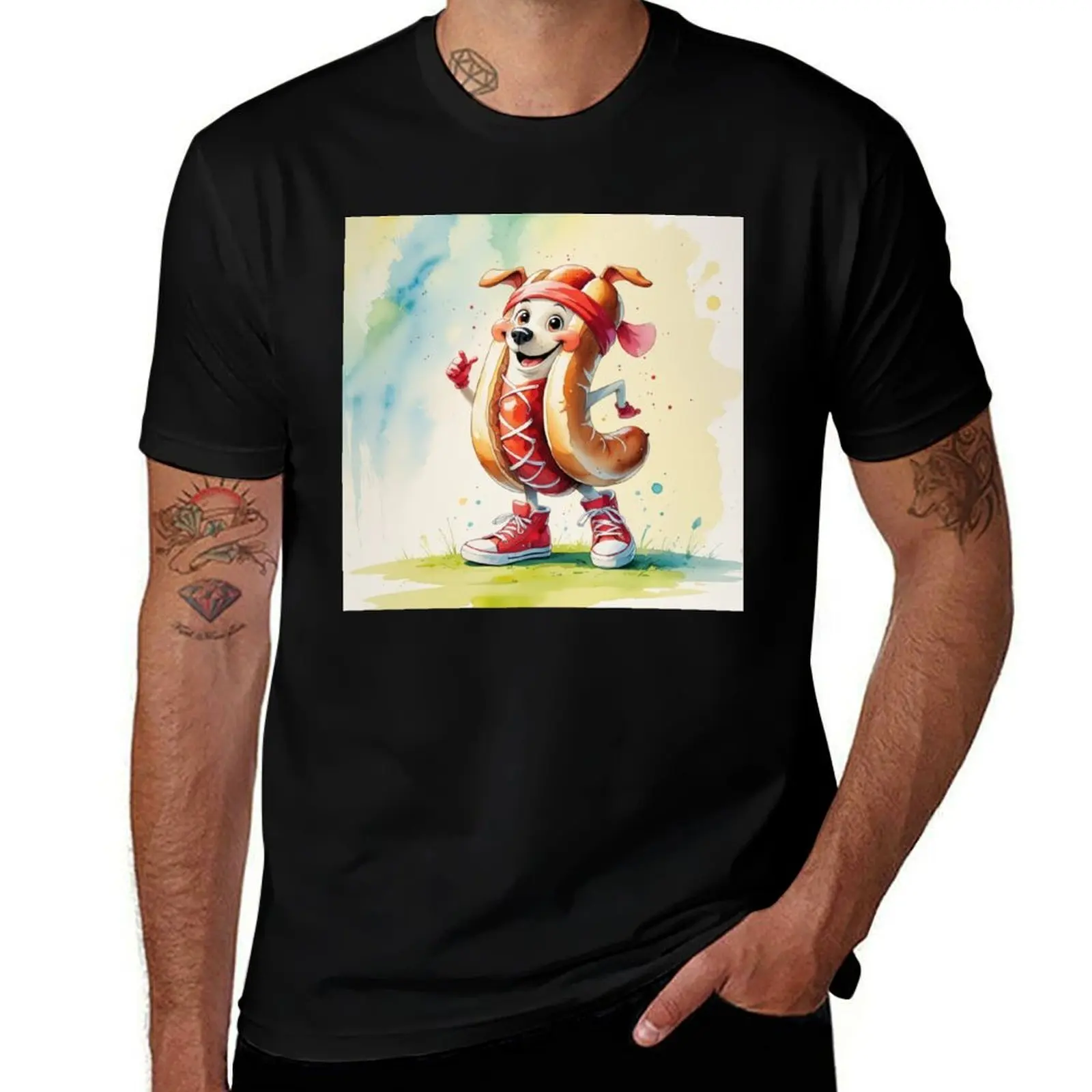 

A hot dog jogging with sneakers and a sweatband T-Shirt graphics rapper graphic tees summer top workout shirts for men