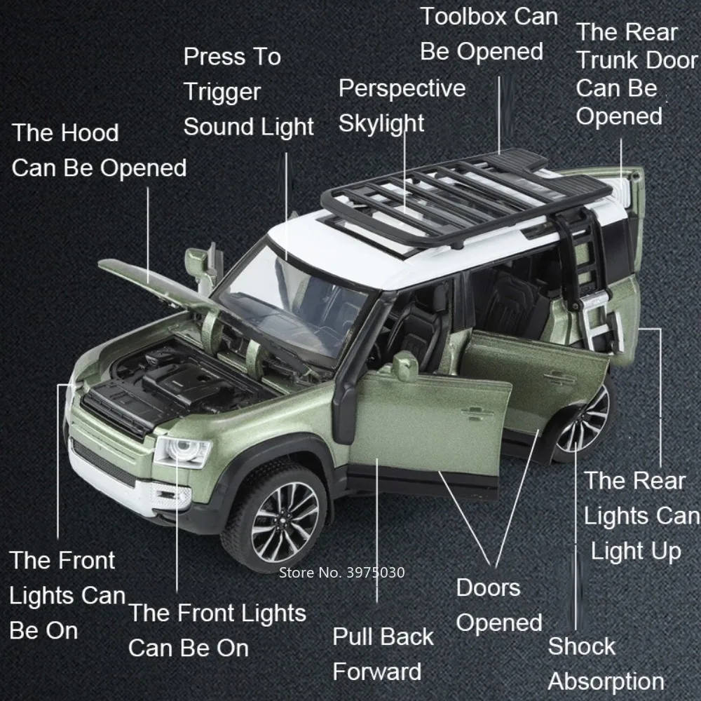 1/32 Alloy Diecast Land Rover Defender 110 Toy Car Model with 6 Doors Opened Sound Light Vehicles Cars Collection Toys for Boys