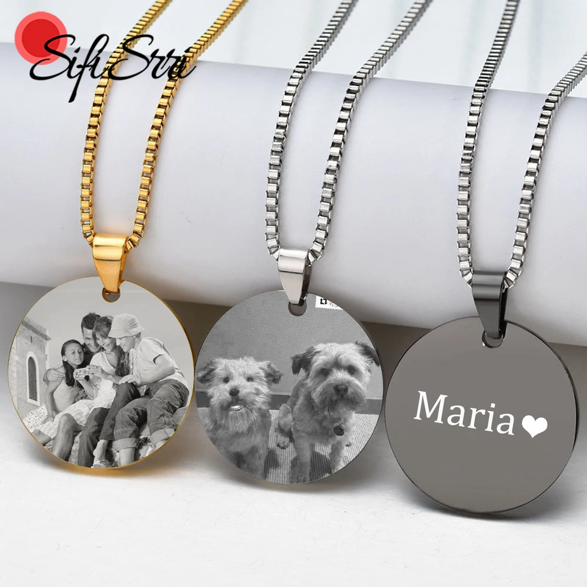 Sifisrri Personalized Engraved Name Necklace Round Pendant Stainless Steel For Women Men Customized Family Picture Jewelry Gift