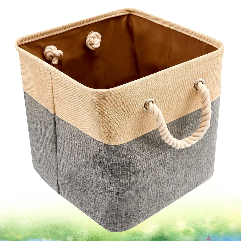 

1pc Cotton Linen Basket Large Capacity Desktop Organizer Clothes Organizer Sundries Bucket Handle Spliced Color Desktop