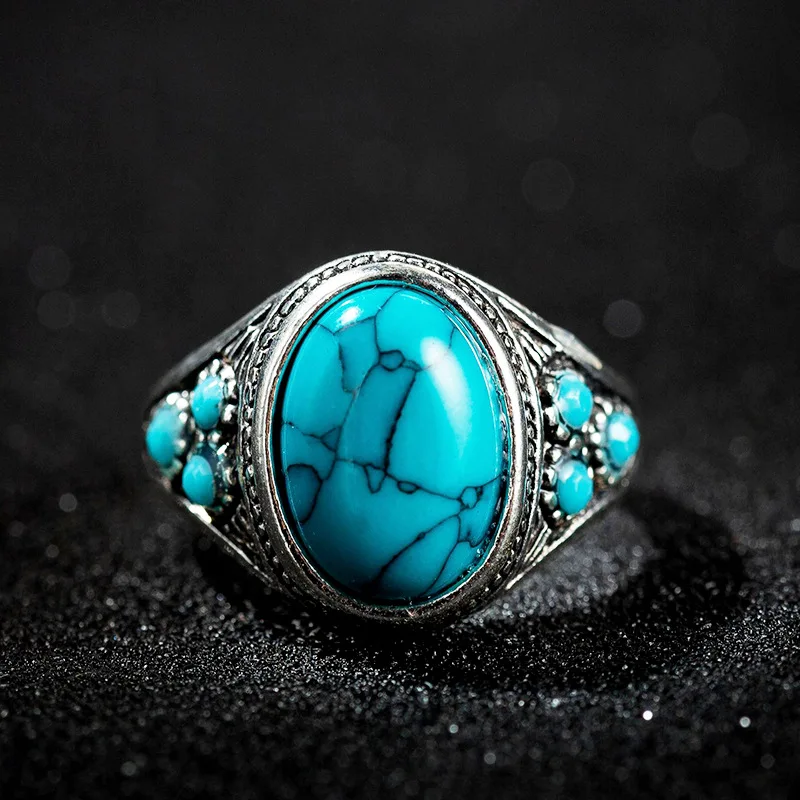 Mens Jewellery Turquoise Men\'s Ring Ancient Silver Natural Stone Rings for Men Birthday Party Indian Jewelry Gift Anillo Hombre