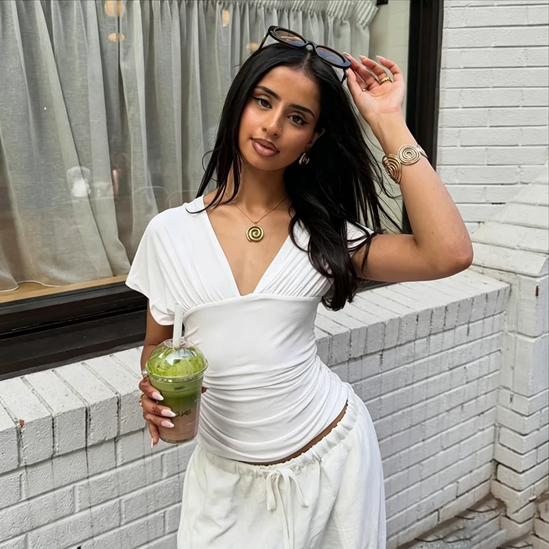 Women's V Neck Crop Tops Summer Short Sleeve Pleated Bodice Solid Color Slim Fit Blouse Y2k Clubwear Streetwear