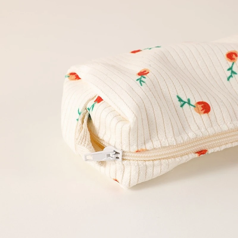 Y1UB Flower Print Pencil Bag Corduroy Pencil Pouches Zippered Pen Case for Student