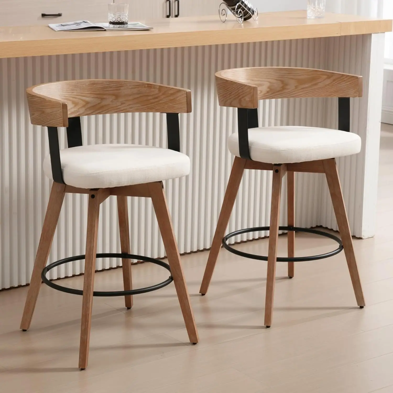 

DUOMAY Swivel Bar Stools Set of 2-26" Counter Height Bar Stool with Footrest - Modern Wood Barstools with Linen Upholstered