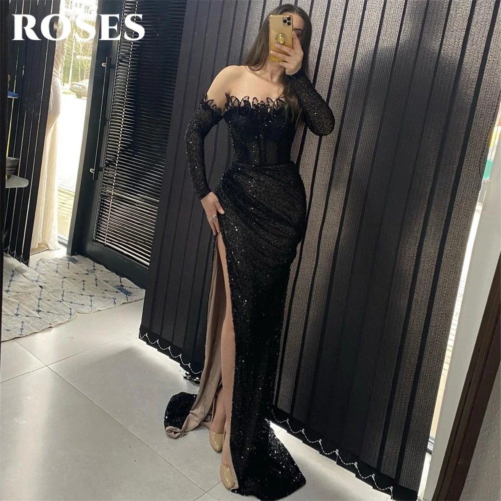 

ROSES Black Sexy Prom Gown Shiny Sequins Prom Dress Off Shoulder Side High Split Celebrity Dresses vestidos de fiesta Customized