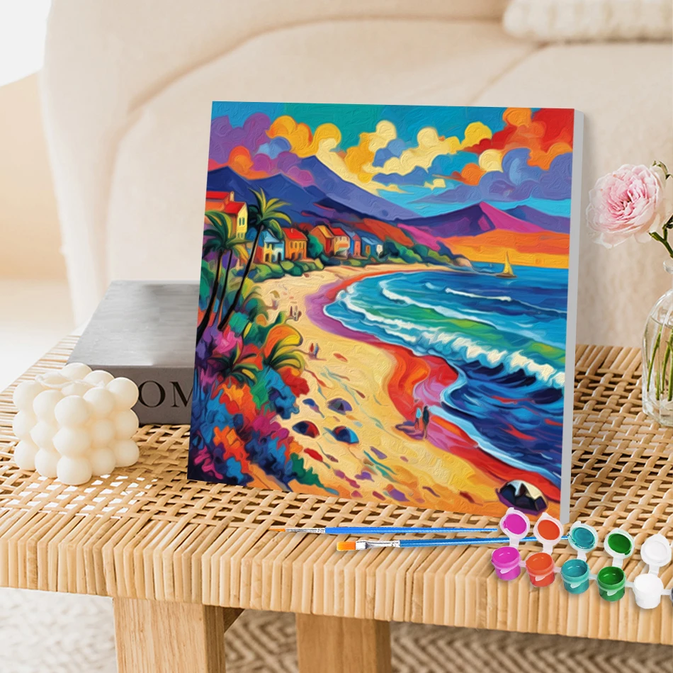 

RUOPOTY Oil Painting By Numbers Painted seaside scenery 20x20cm ready Frame Wall Art Picture For Beginner Simple Drawing Canvas