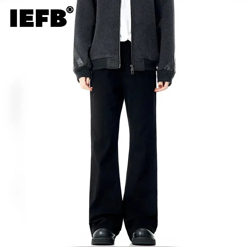 IEFB Vintage Men's Suit Pants Solid Color Drape Boot-cut Casual Straight Wide Leg Trousers 2024 Summer Bottoms Black 28W3873