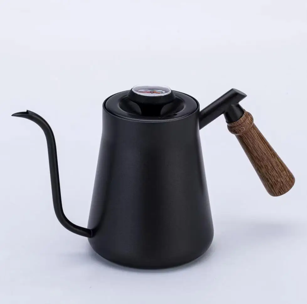 650ml Stainless Steel Gooseneck Kettle with Wooden Handle and Thermometer for Tea Coffee Drip Brewing Pot