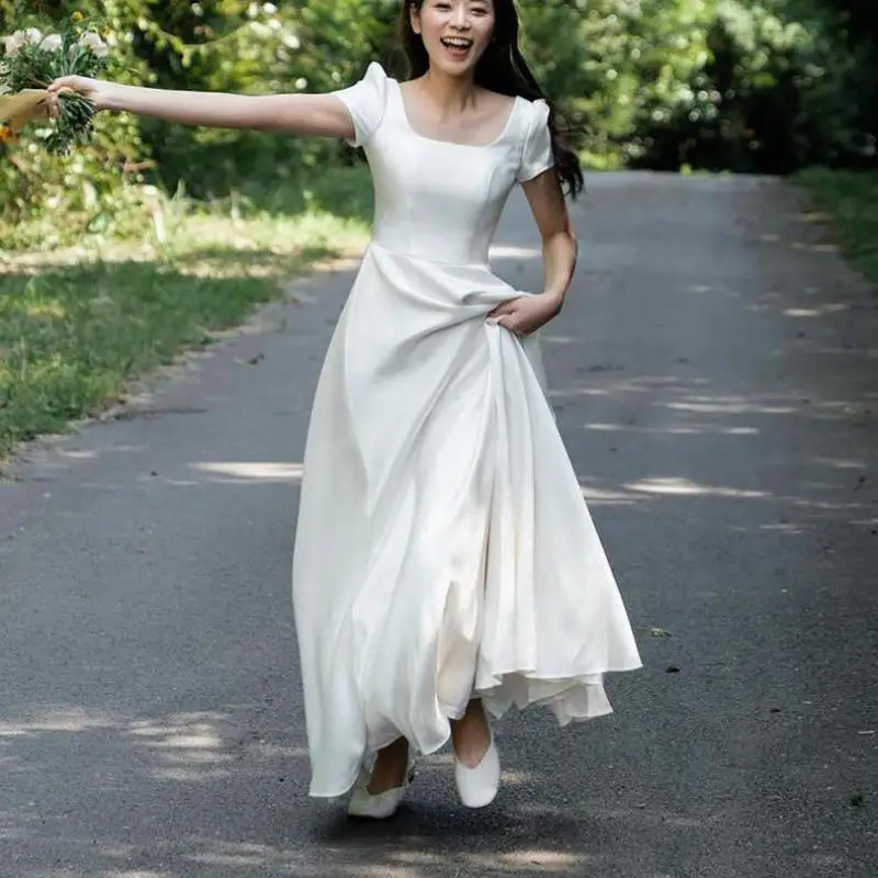 Simple Bridal Dresses With Short Sleeve New Satin A Line Wedding Dress Elegant Floor-length Formal Evening Dresses Customized