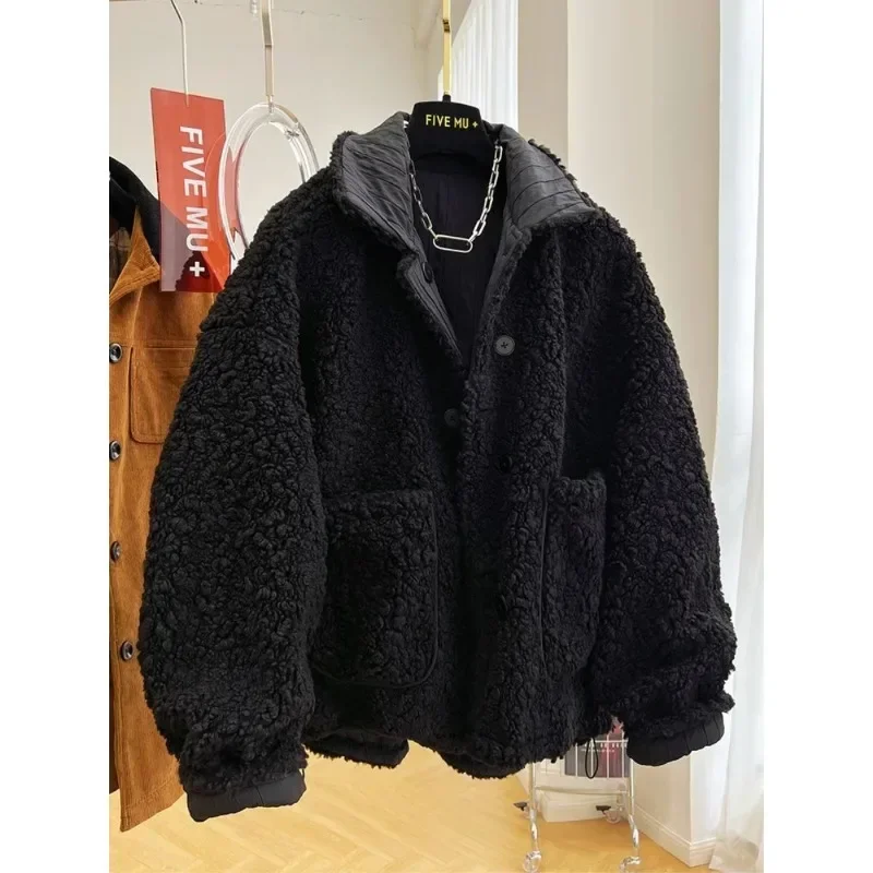 Jacket for Women Sherpa High-end Loose Thickened Warm Reversible Cotton Jacket Casual Versatile Street Style College Style