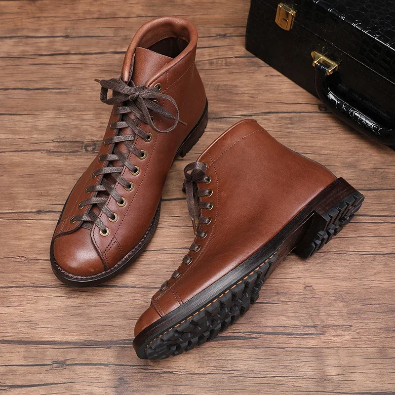 New Spring Autumn Vintage Tooling Dark Male Motorcycle Boots Quality Cow Leather Round Red Men Casual Ankle Boots